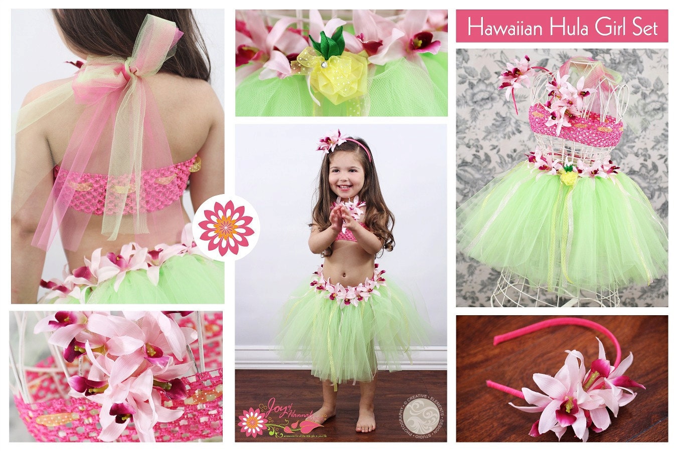 Hawaiian Hula Girl Tutu Set with Crochet Halter Top and Matching Flower Headband
