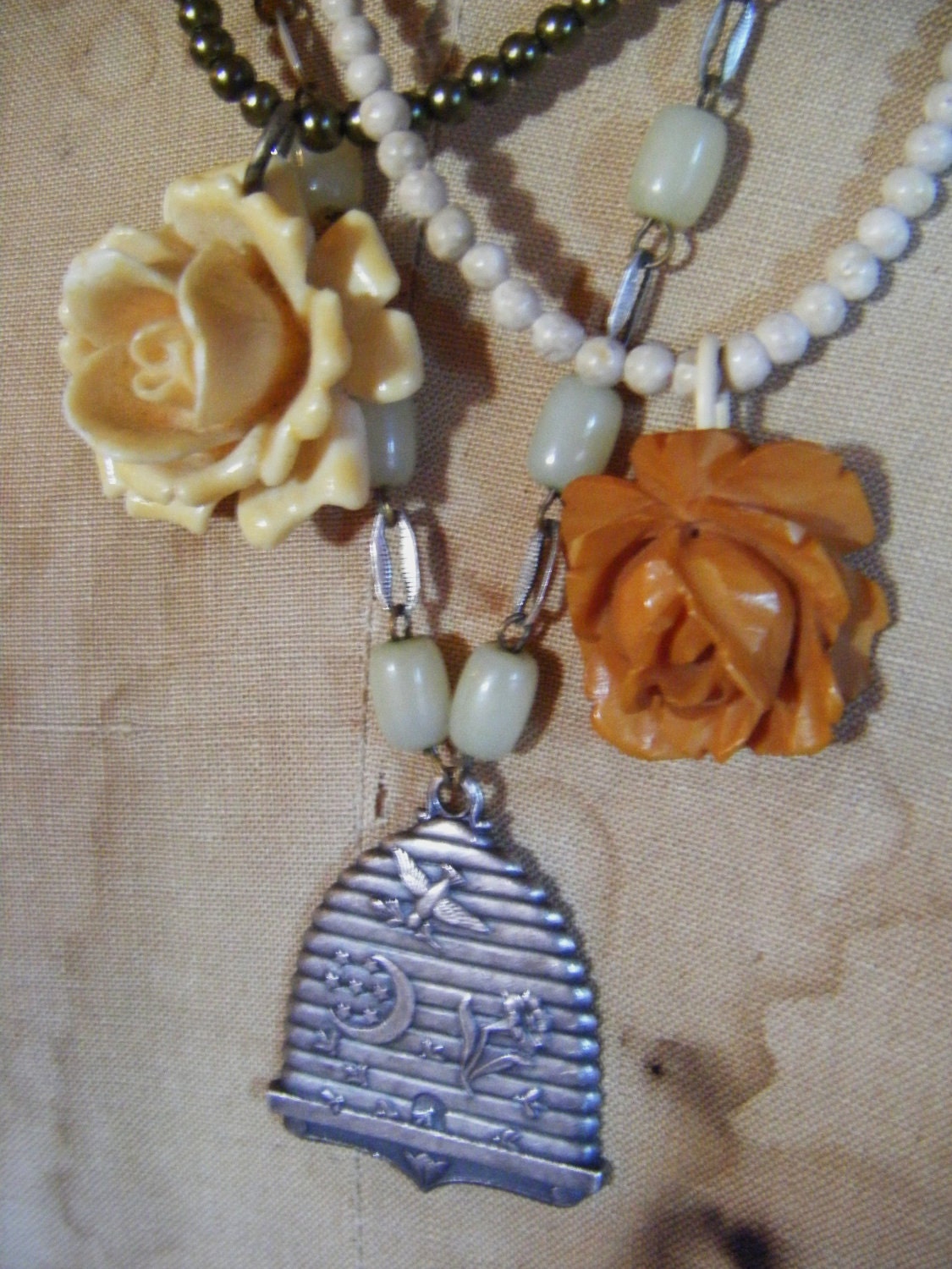 Carved victorian roses and honey hive medal necklace triple stand vintage one of a kind assemblage