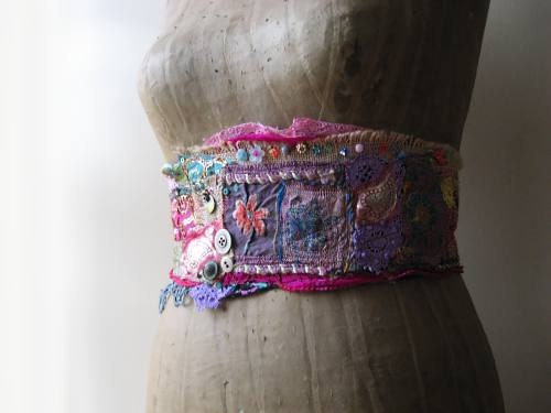 Mystery Flower Belt, Sash, Antique Embroidery, Vintage Lace, Jute, Pink, Purple, Green, Bohemian Gypsy - AllThingsPretty