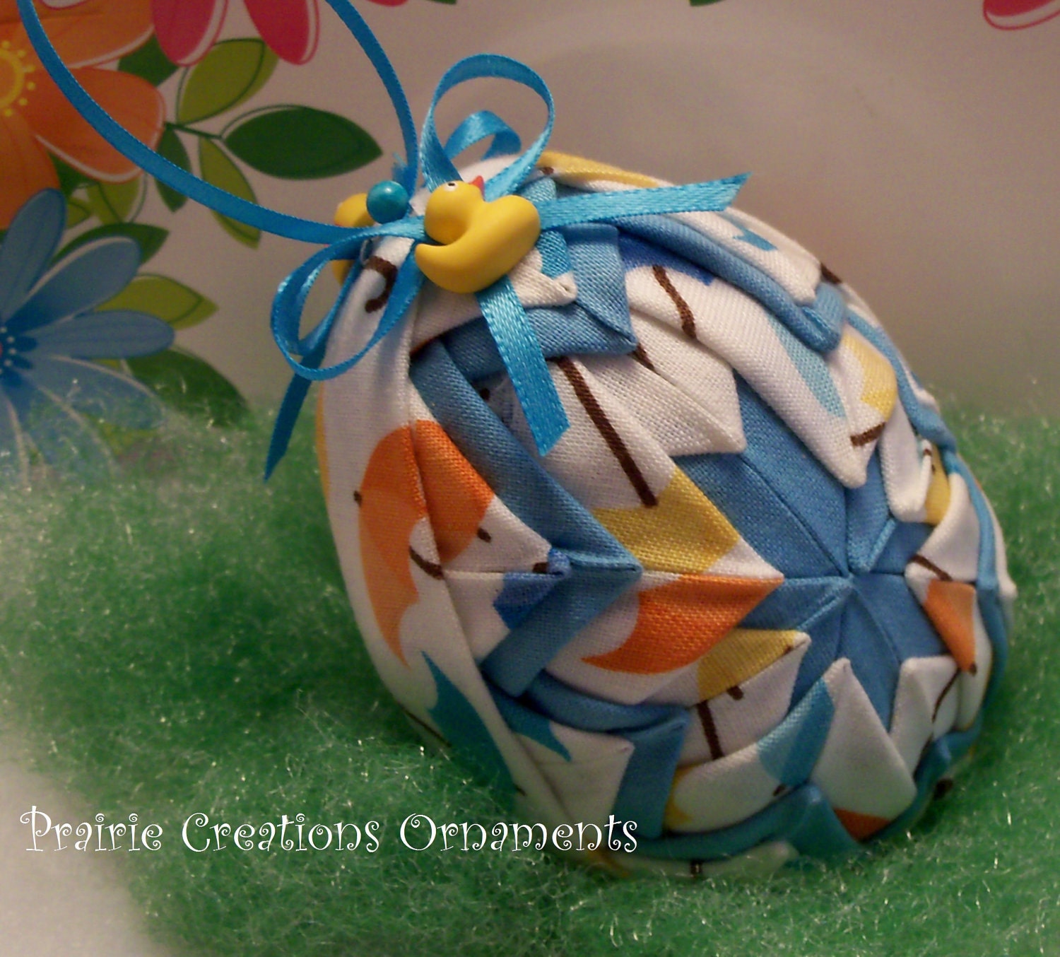 Quilted Ornament Easter Egg Turquoise with Umbrellas and Duck Button