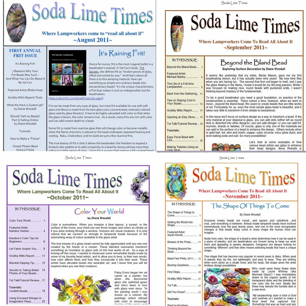 Back issue bundle - 4 issues of the Soda Lime Times Lampworking Magazine - Aug-Nov. 2011 by Diane Woodall