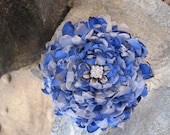 Royal Blue Satin and Silver Organza FLOWER PIN/Brooch  Hair Clip with  Rhinestone Center Accent - theraggedyrose