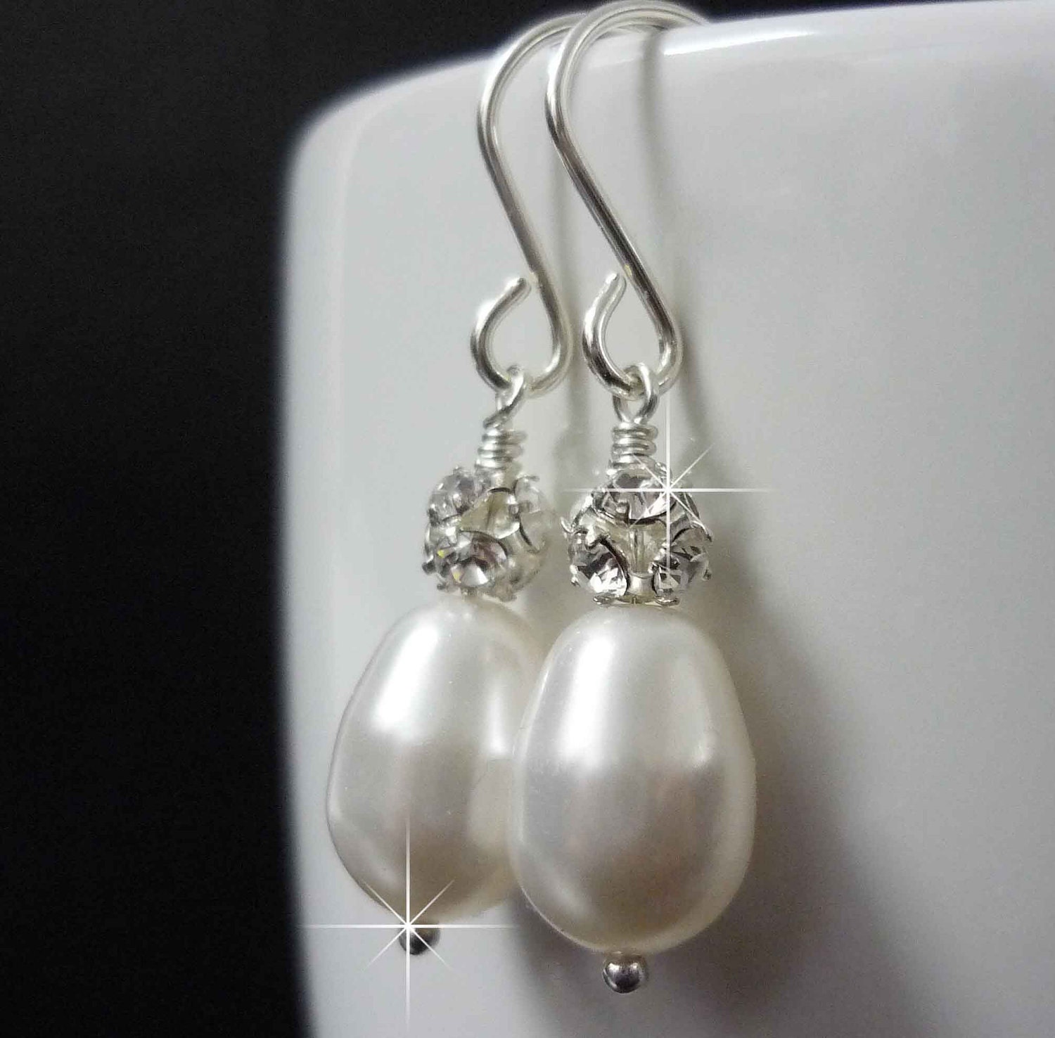 Bridesmaid Earrings, Bridesmaid Jewelry, Pearl Earrings, Pearl and Rhinestone Earrings, Teardrop Pearl Earrings, Wedding Jewelry
