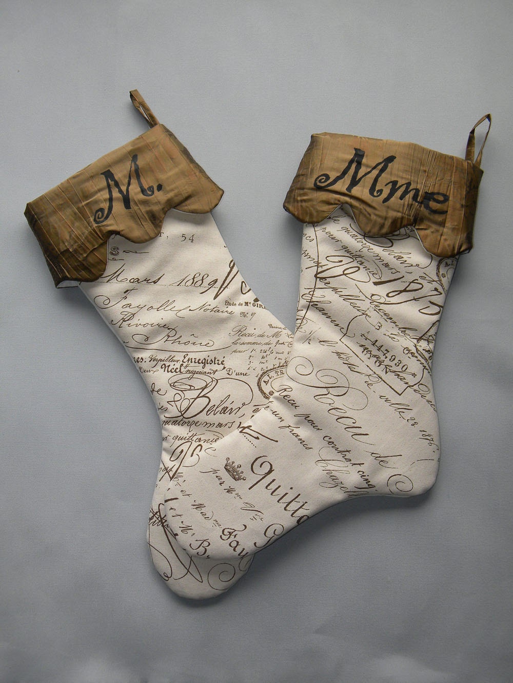 Madame and Monsieur pair Christmas stockings 24" couples French script typography Francophile marriage engagement wedding French set of two