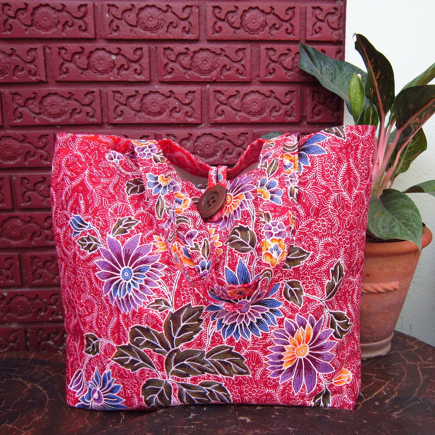 Floral Red Batik Tote Handbag Diaper bag Shopping/Beach bag