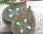 Pretty retro copper blue drop shap with flowers earrings vintage style