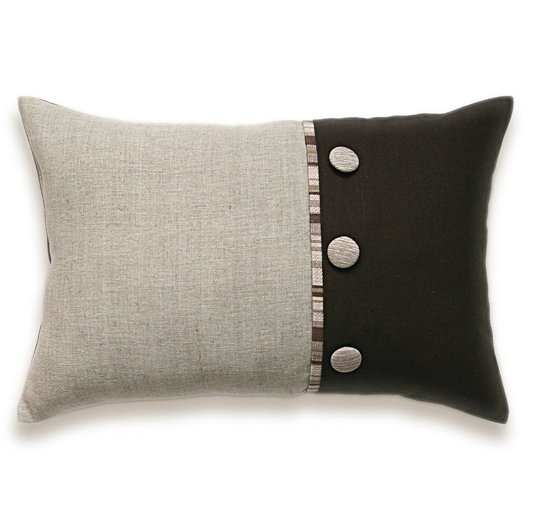 Chocolate Brown Beige Stripe Button Decorative Lumbar Pillow Case 12x18 inch LAYLA DESIGN