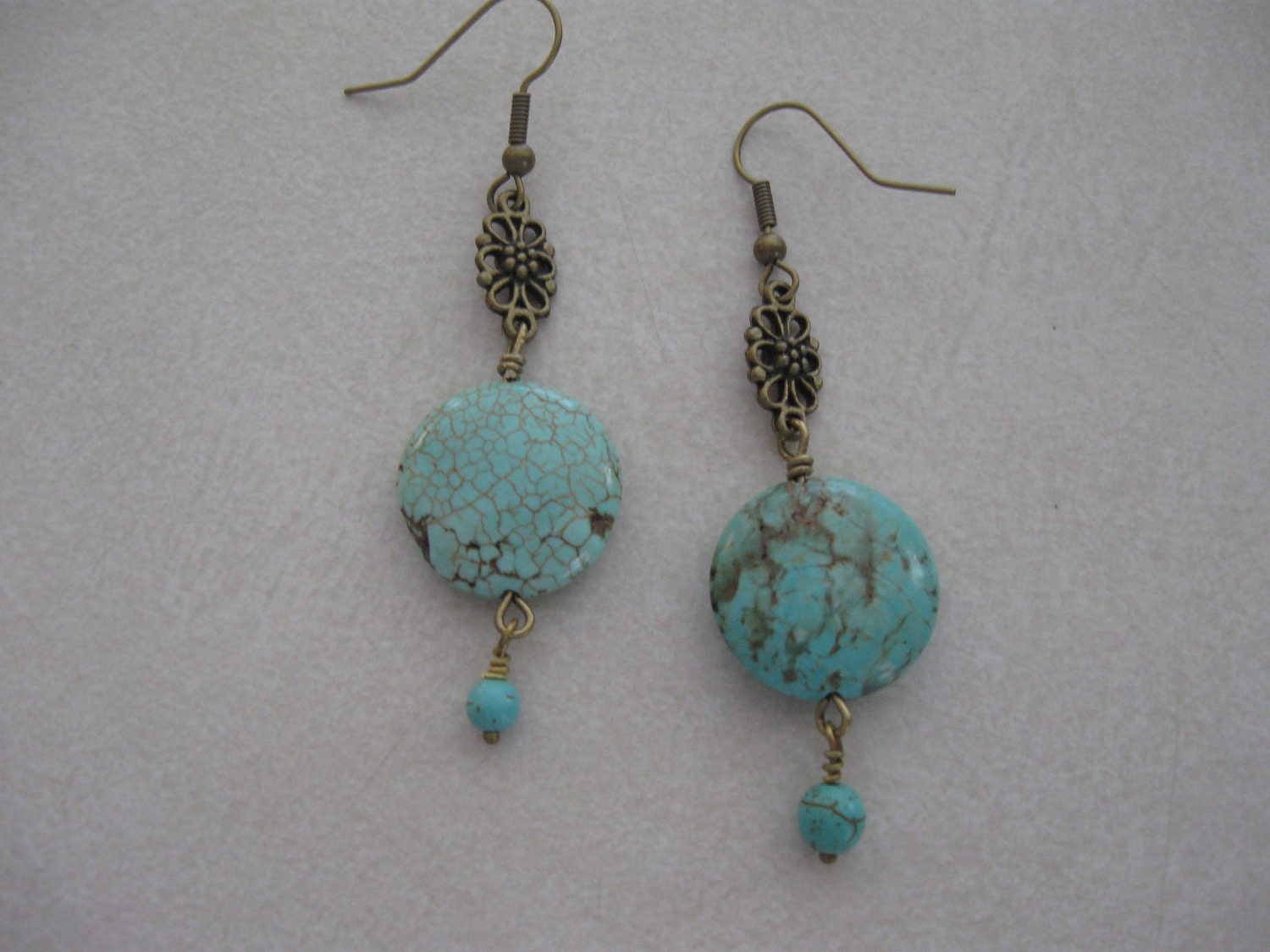 Turquoise Blue Magnesite earrings with bronze filigree