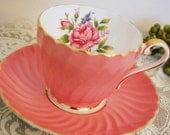 Aynsley Tea Cup and Saucer, Coral Pink Swirl