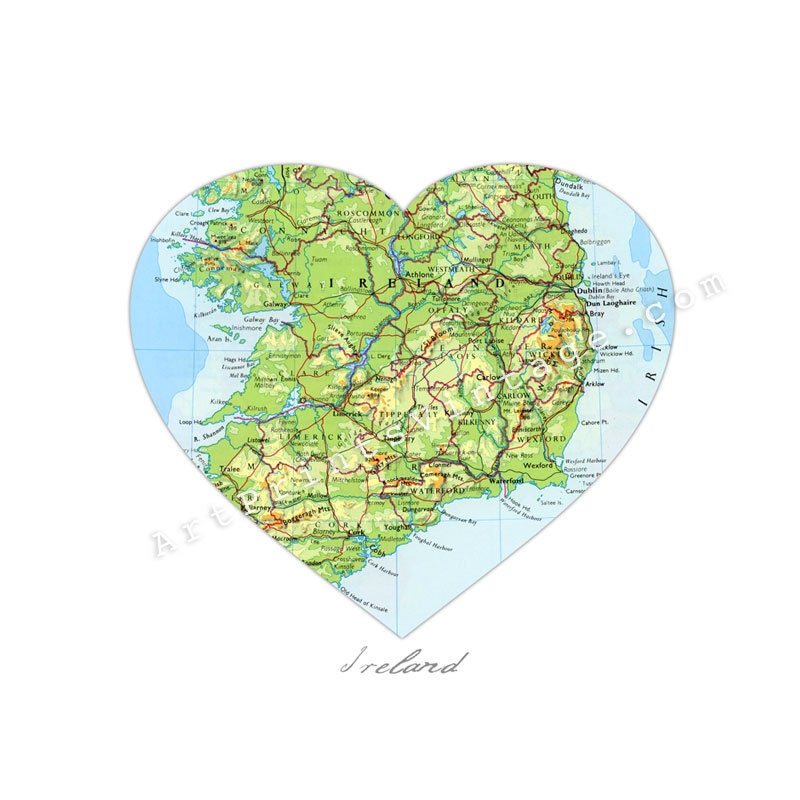 Ireland Vintage Map Art PRINT 8 x 10 Irish Map Heart Decor - No.P237