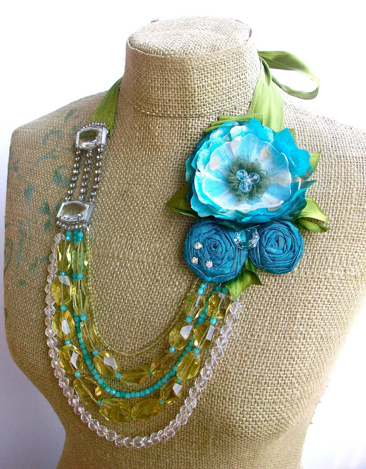 Blue Poppy- tie necklace/earring set with Hand painted Blue Silk Poppy accent, Vintage Rhinestone Buckle, Lemon Quartz and more...