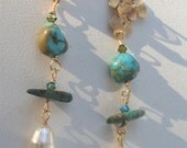 Natural gemstone drop earrings consisting of natural turquoise and Swarovski Pearl with tiny swarovski crystal accents