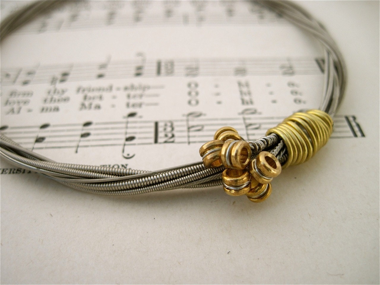 Recycled Electric Guitar String Bracelet silver colored with brass ball ends attached Unisex MEDIUM free shipping to US