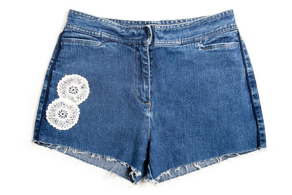 SALE-Vintage Shorts, Embellished Distressed High Waisted Denim, Upcycled W27
