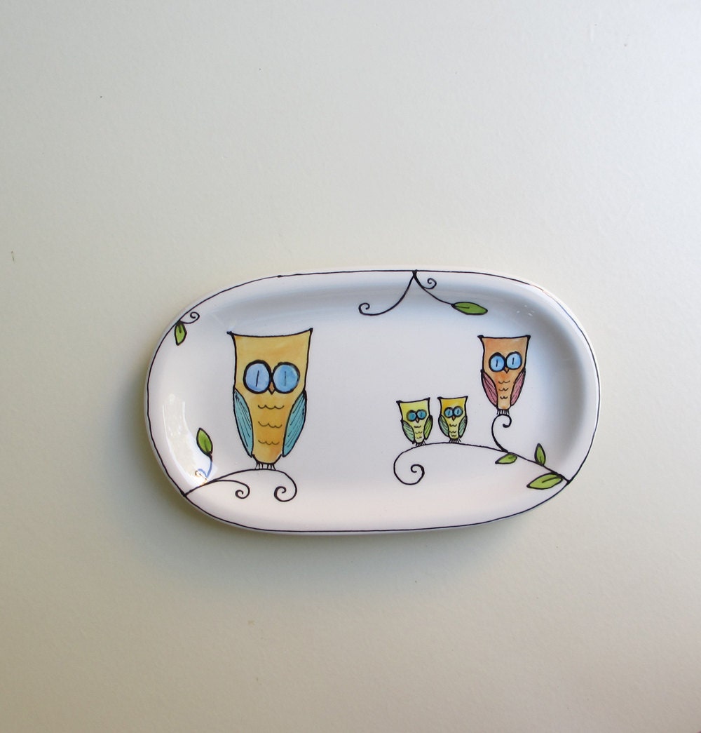 Ceramic orange and blue owl tray, soap dish, spoon rest plate, woodland home decor for him, Father's day