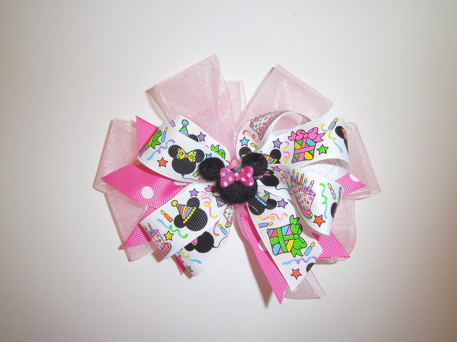 Birthday Hair Bow, Minnie Mouse,  Pink