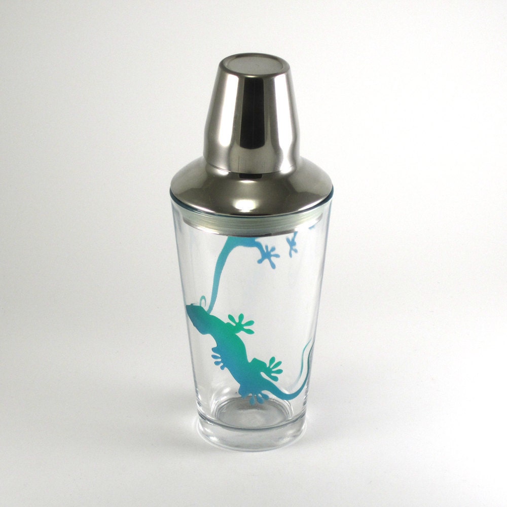Cocktail Shaker - Chasing Geckos - Blue and Green - Painted and Sandblasted