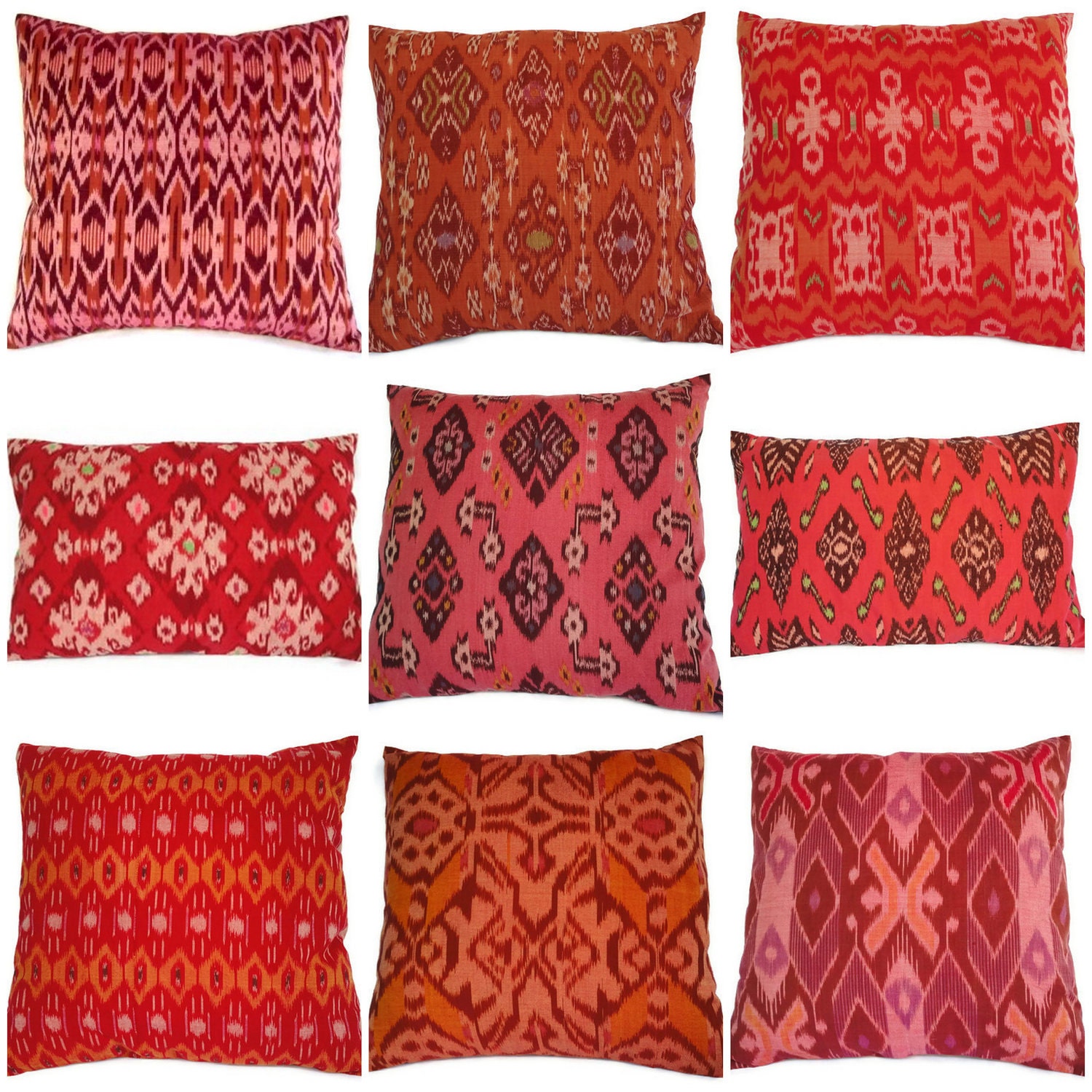 Ikat Pillow, Coral, Red, Orange, 16x16, 12x18, Set of 9