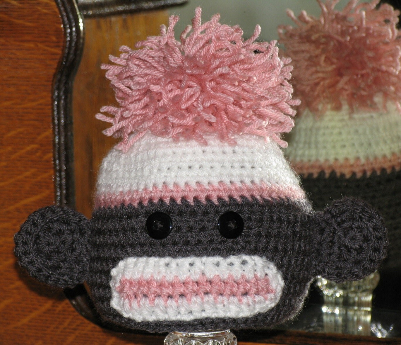 Sock Monkey Hat Fits 6 month - 12 month child - Hand Crocheted in Pink, White and Grey