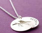 Mother's Jewelry - Locket Style Necklace in Sterling Silver - Personalized Children's Names or Dates - Hand Drawn and Cut Bird on Branch