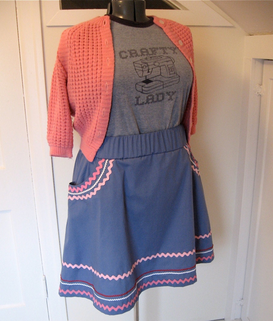 RickRackRiot Skirt - plus sized - blue cotton fabric and rick rack trims - 41W-62H
