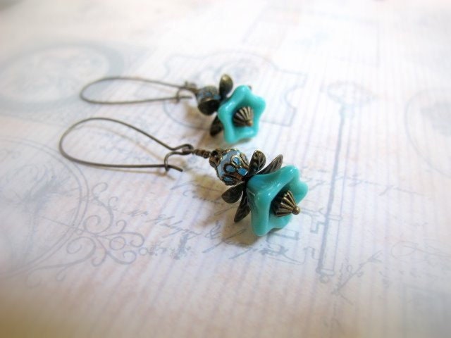 Teal Czech Flower Power- Earrings, With Baby Blue Crystals, Filigree Caps and Bronze Petals, Spring Wardrobe, Spring Flowers