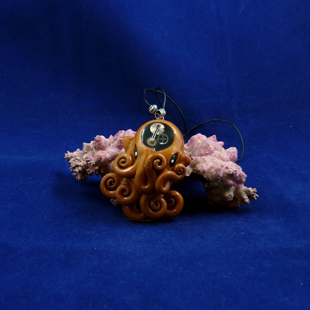 Brass Steampunk Octopus Necklace -  Polymer Clay Neo-Victorian Pendant
