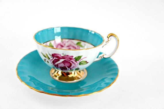 vintage tea cup and saucer wedding gift mother's day Aynsley 1930s bone china pink rose turquoise gold perfect condition