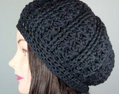 Cabled Tam Hat in Black, Chunky Knit Hat