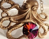 Steampunk Octopus Necklace Rare Volcano Vintage Swarovski Crystal Antique Brass LIMITED - ClassicKeepsakes