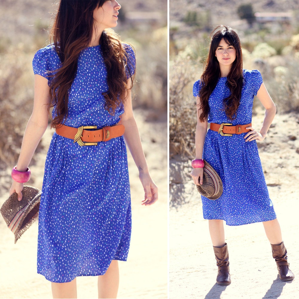 Cobalt Blue Polka Dot Button Back Short Sleeve Pleated Cinch Waist Spring Dress - Summer