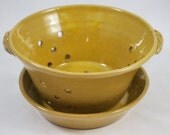 Yellow Berry Bowl or Colander with Saucer Stoneware Pottery