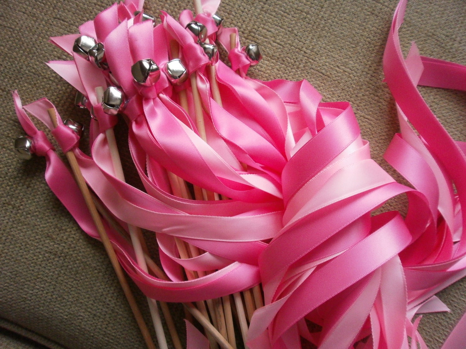 125 Shocking Pink and Pink Wedding wands (Two) ribbons of your choice.  Gold or Silver bell.