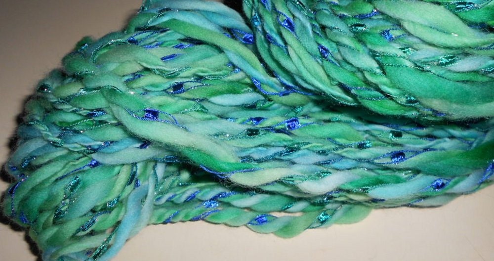 Handspun Yarn, Handspun Art Yarn, Blue Lagoon, 96 yards, 3 ply, Wool, Bulky