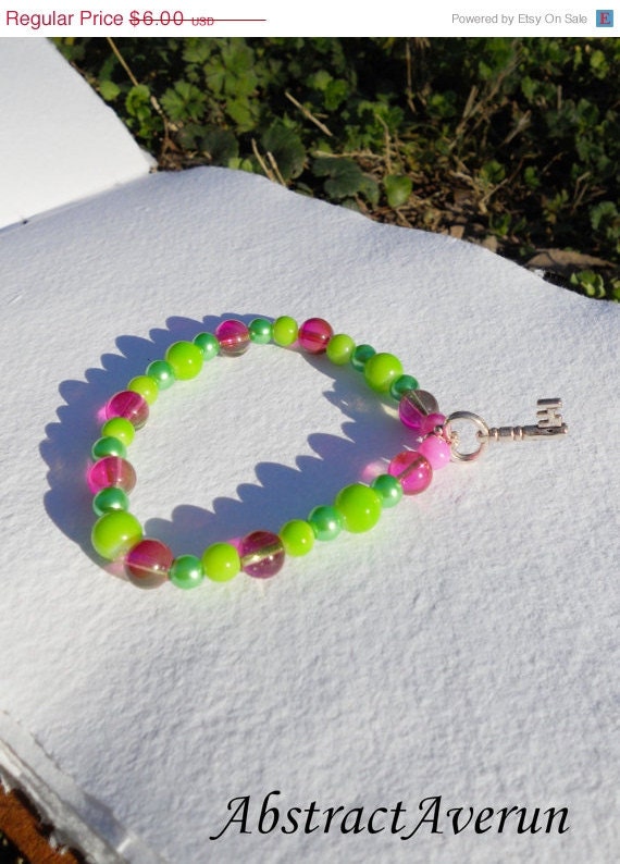 ON SALE - Skeleton Key, Stretch Bracelet - Green and Pink - Watermelon Blast