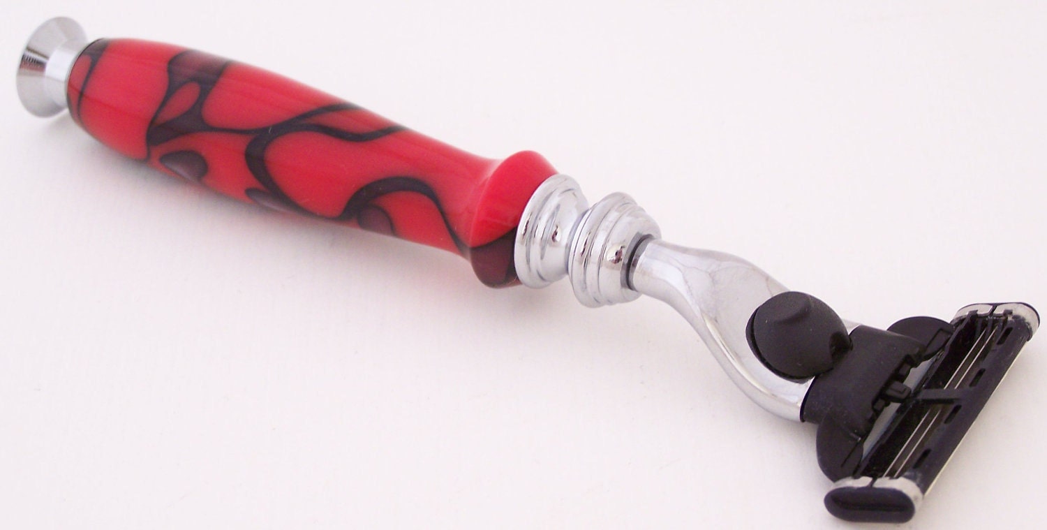 Red/Black Swirl Acrylic Mach 3 Razor Shaving Handle (Handmade in USA)