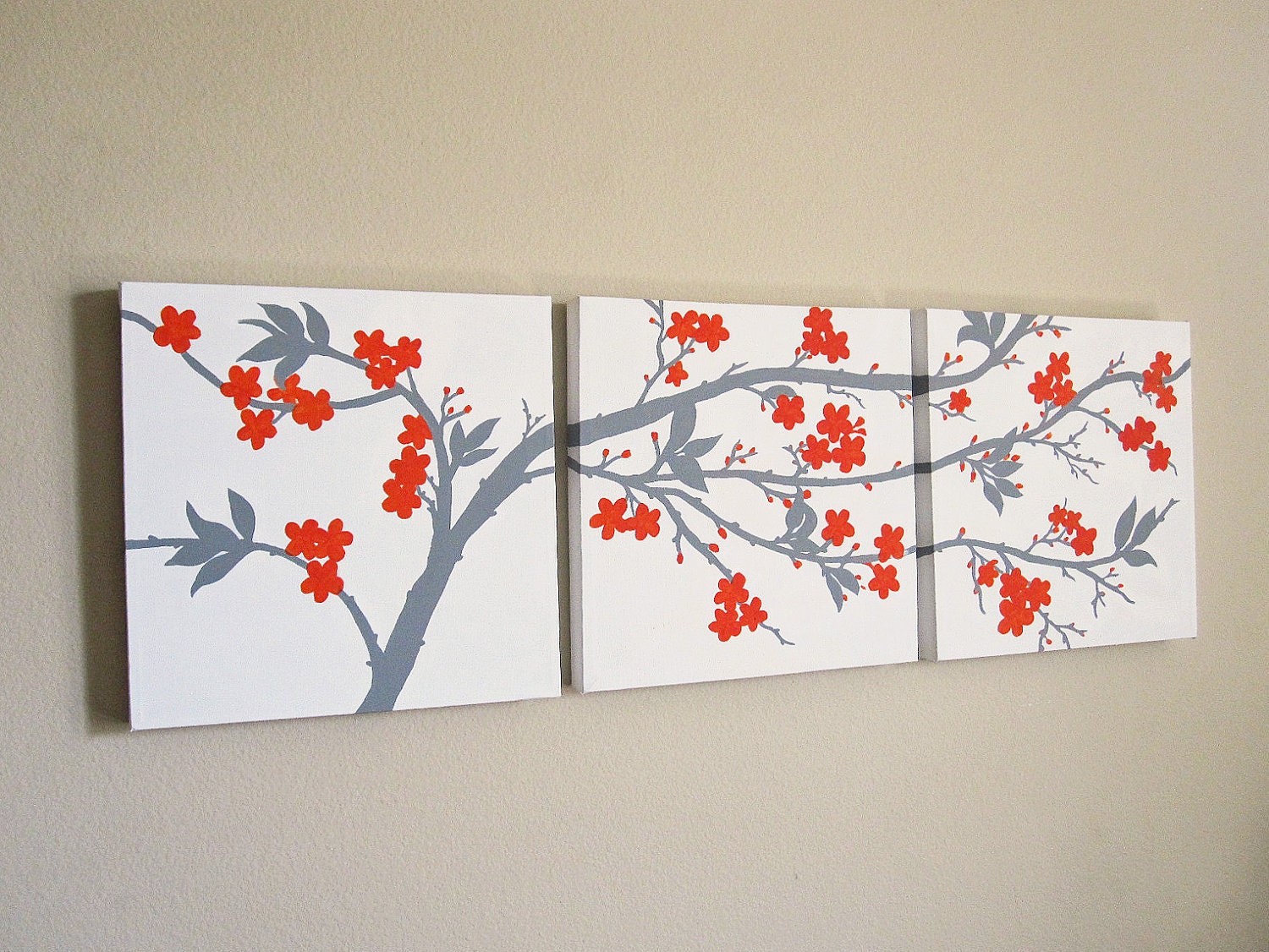 Original Orange and Grey Cherry Blossom Triptych Painting on Canvas