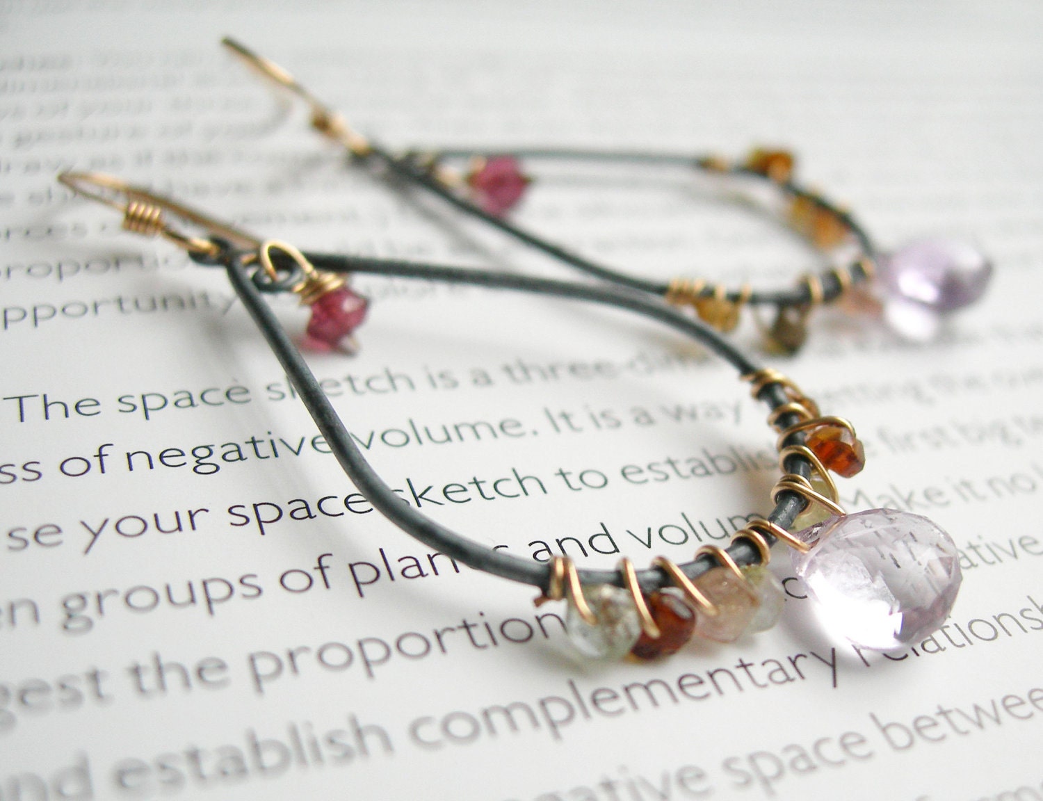 Oxidized Silver Earrings - Wire Wrapped with Amethyst and Tourmaline
