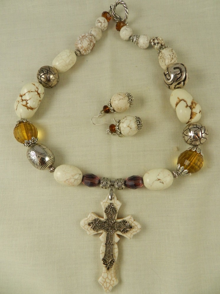 Chunky Necklace Magnesite Turquoise Cross White Brown  Handmade