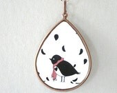 Pendant Cameo Illustrated Raindrop /Bird In The Red Scarf, Heart Silhouette