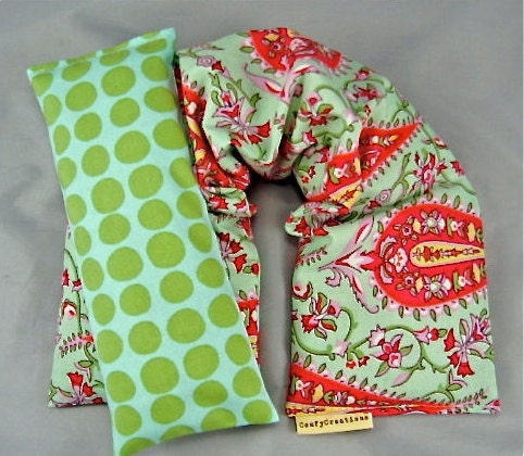 Therapeutic Neck Shoulder Wrap Eye Pillow  Organic Flaxseed Rice  Lavender Scented Amy Butler Cypress Paisley Blush Fabric