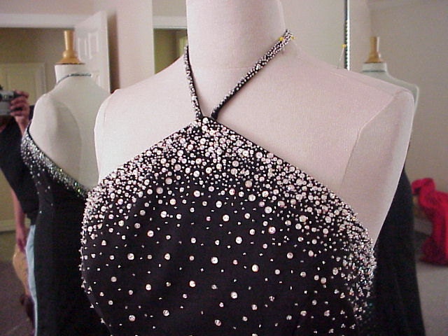 Style 1020B / Black Halter Dress / Beaded Evening Wear / Formal Prom Gown