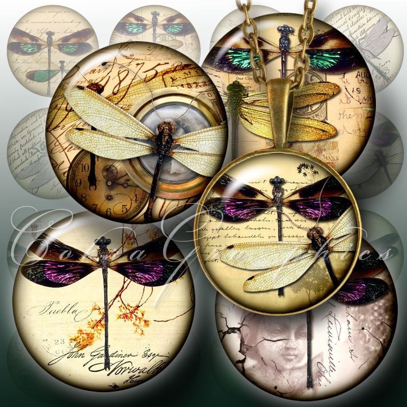 Dragonflies - Digital Collage Sheet CG-456 - 1.5 inch circles (or smaller) - for Scrapbooking, Resin Pendants, Bottle Caps - CobraGraphics
