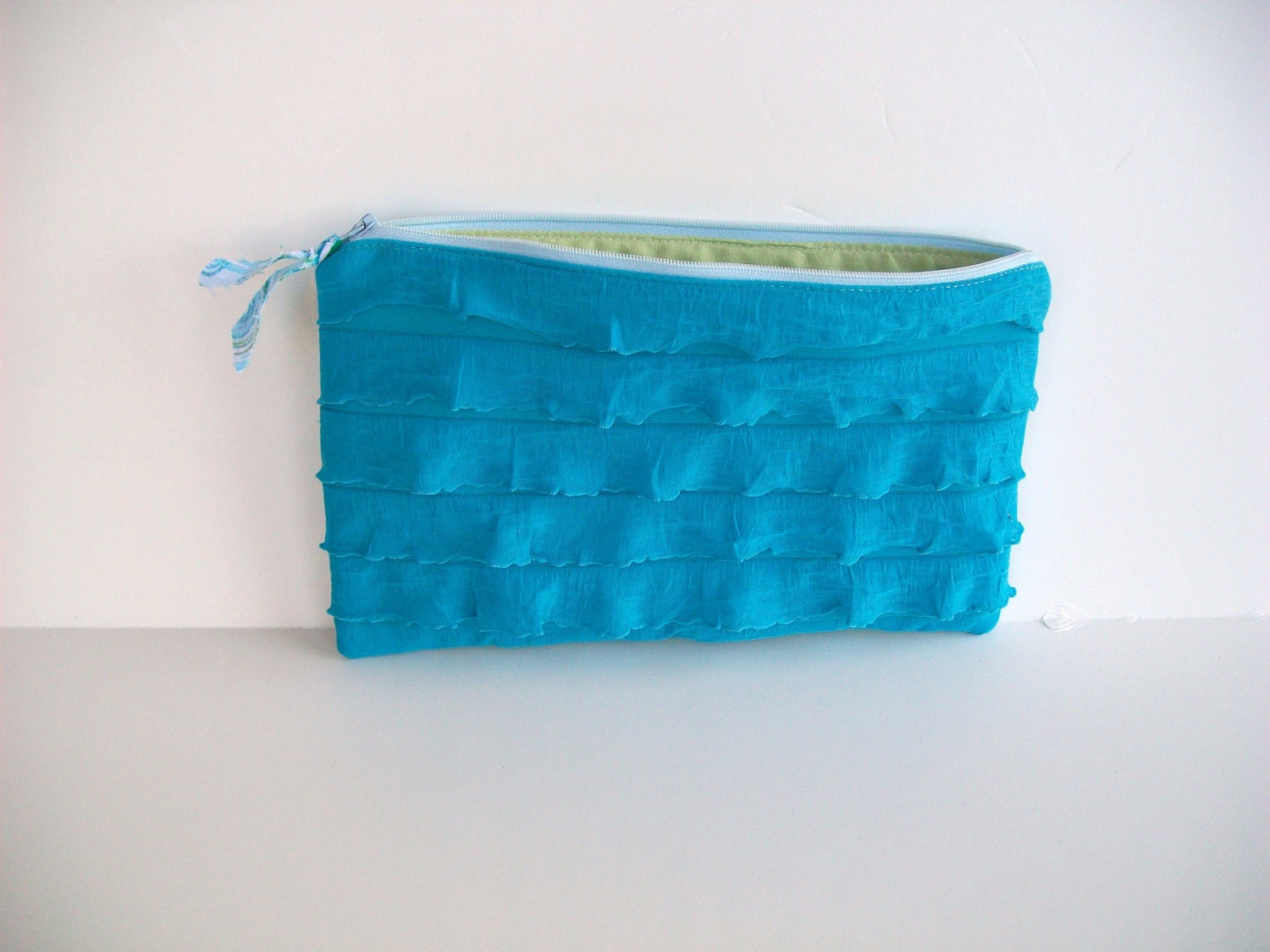 Zipper clutch bag, blue ruffled whimsical, springtime, Birthday, Easter, Mother's day gift for her under 20