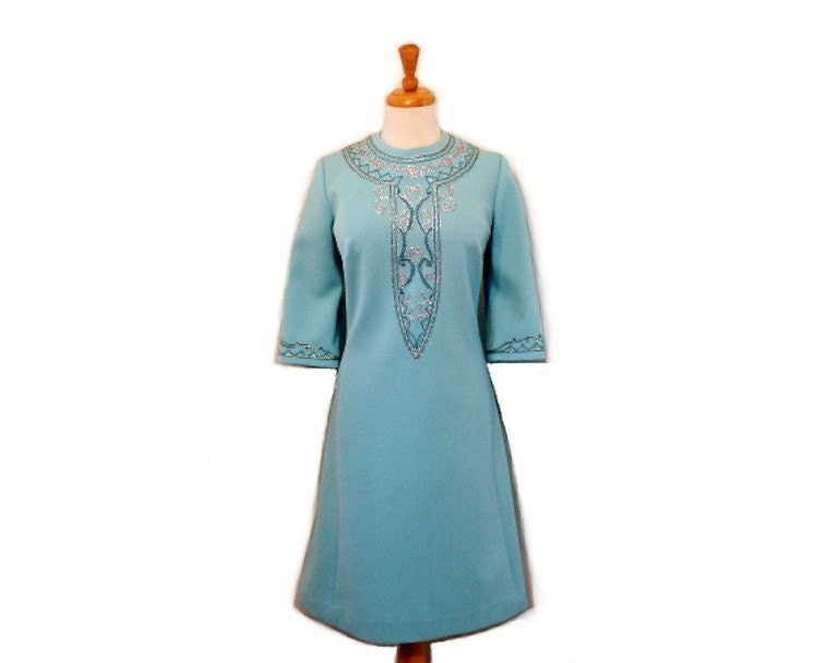 1960s EDITH FLAGG Blue Embroidered Jersey Dress. Cocktail Dress. Pastel Blue