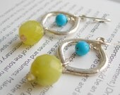 Wire wrapped Jade and Turquoise Silver Earrings
