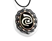 Roswell Necklace, Filigree Pendant with Black & White  Alien Symbol
