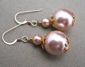 Pale Peach Pearl Dangle Earrings Bridal Formal