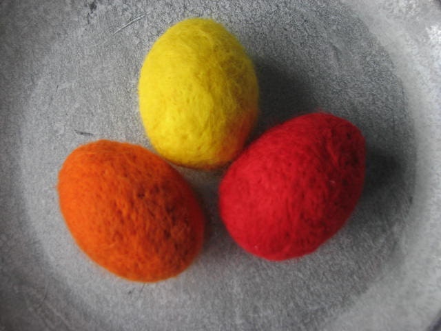 Felted eggs orange, red, yellow set of 3