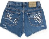 Studded Shorts, Vintage Distressed High Waisted Denim, Upcycled W27